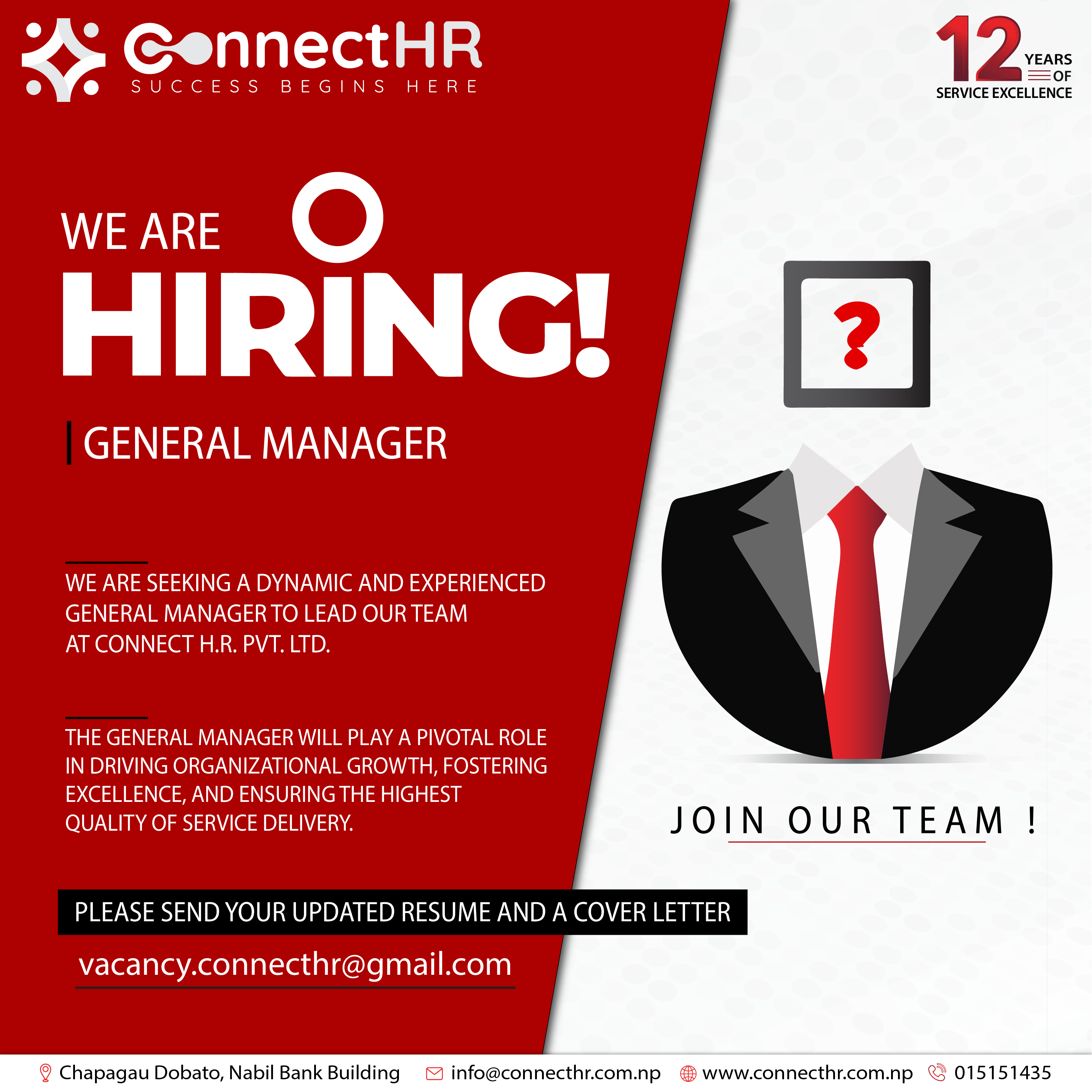 Vacancy for General Manager at Connect H.R. Pvt. Ltd.